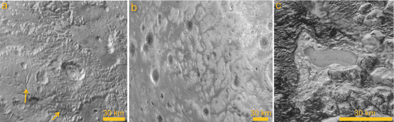 In the past, atmospheric pressure was much greater on Pluto, allowing for liquid nitrogen at the surface. The features above are all indicitve of liquid on the surface, including the smooth, pond-like feature at far right. Image: NASA/New Horizons